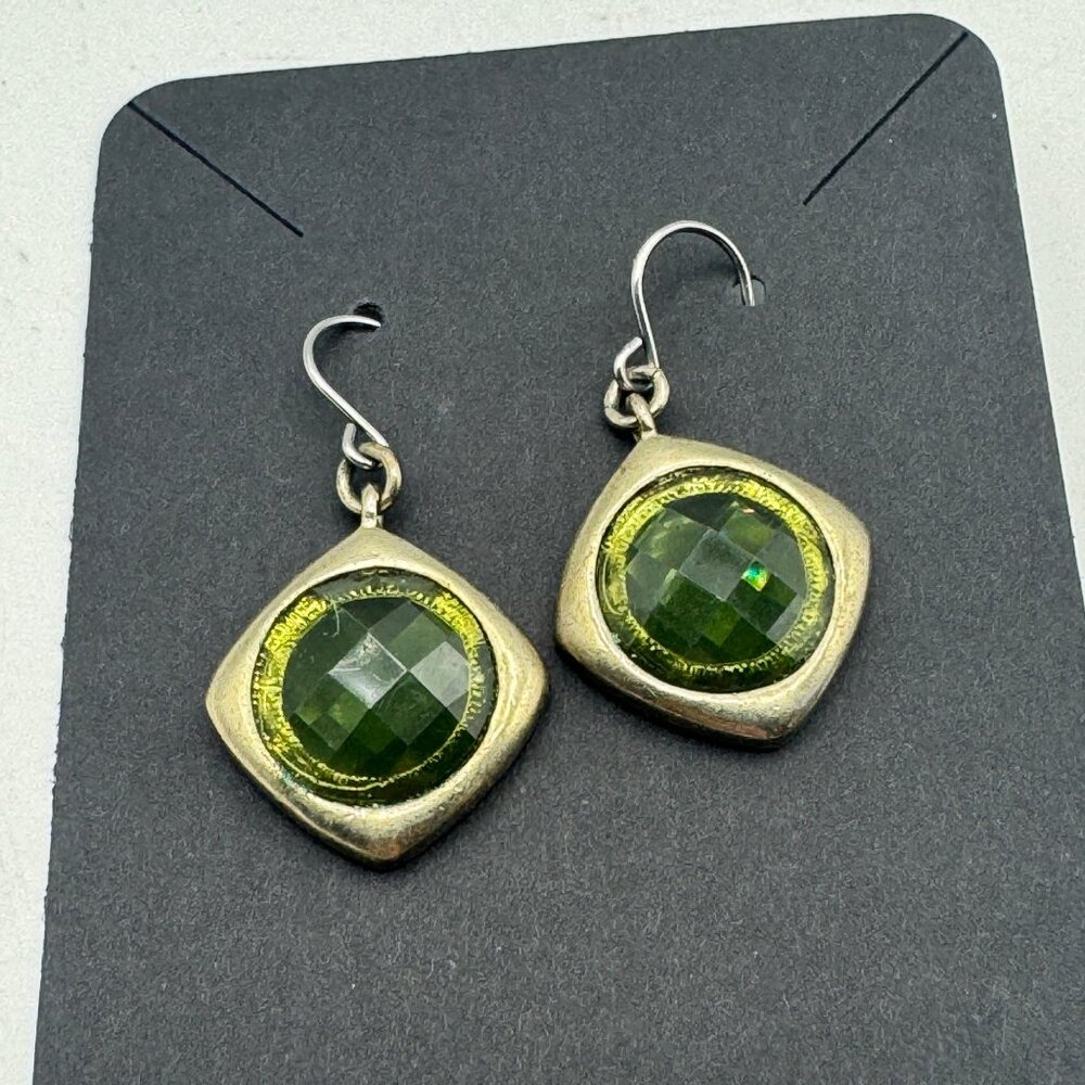 Vintage Style Green Glass Drop Earrings With Silver-Toned Frame & Hook Backings